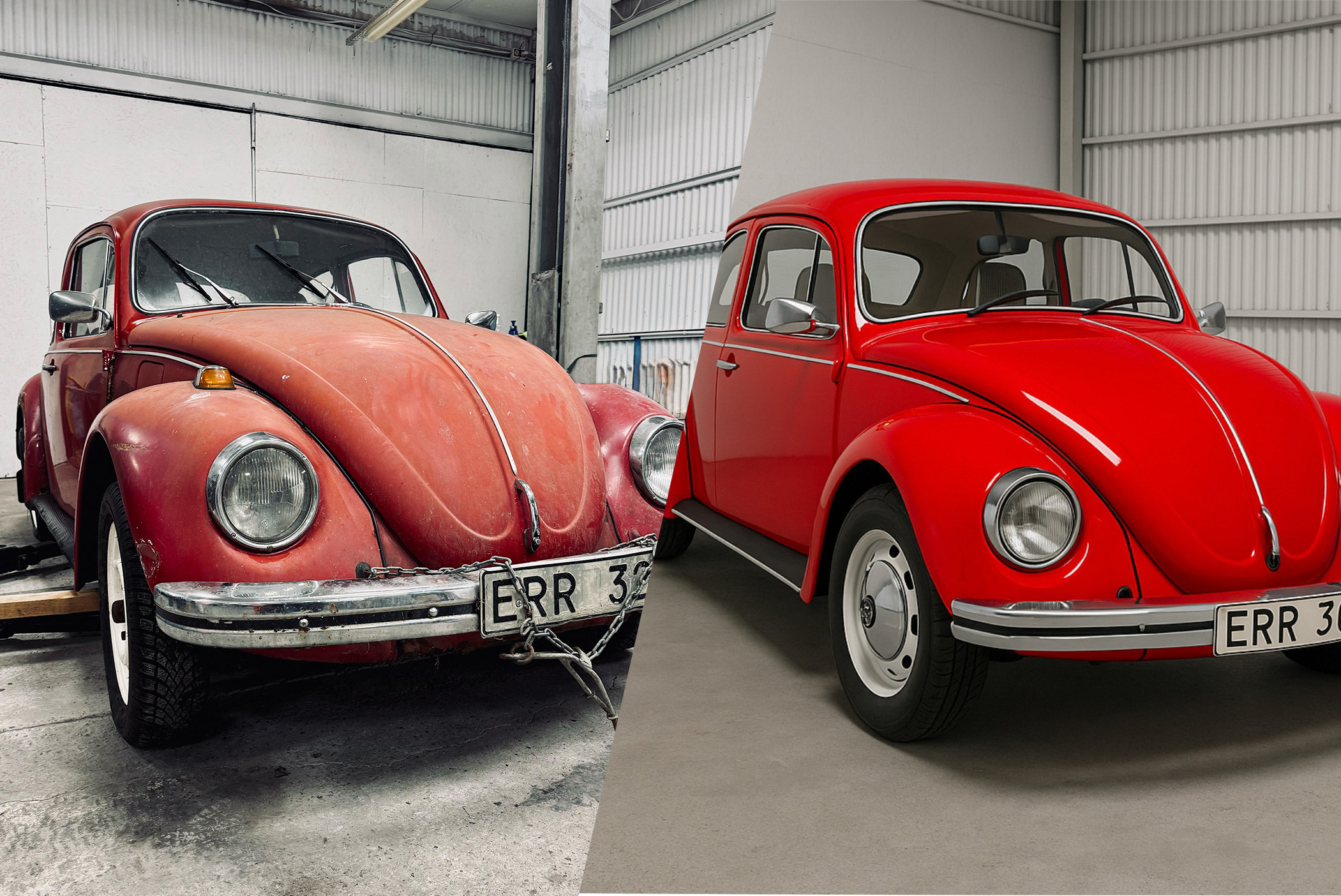 Dwa zdjęcia czerwonego Volkswagena Garbusa – po lewej przed renowacją, po prawej po pełnym odrestaurowaniu.